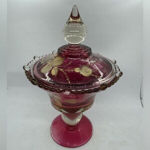 Vintage Paden City Cranberry Flash Pedestal Compote and Lid with Painted Flowers